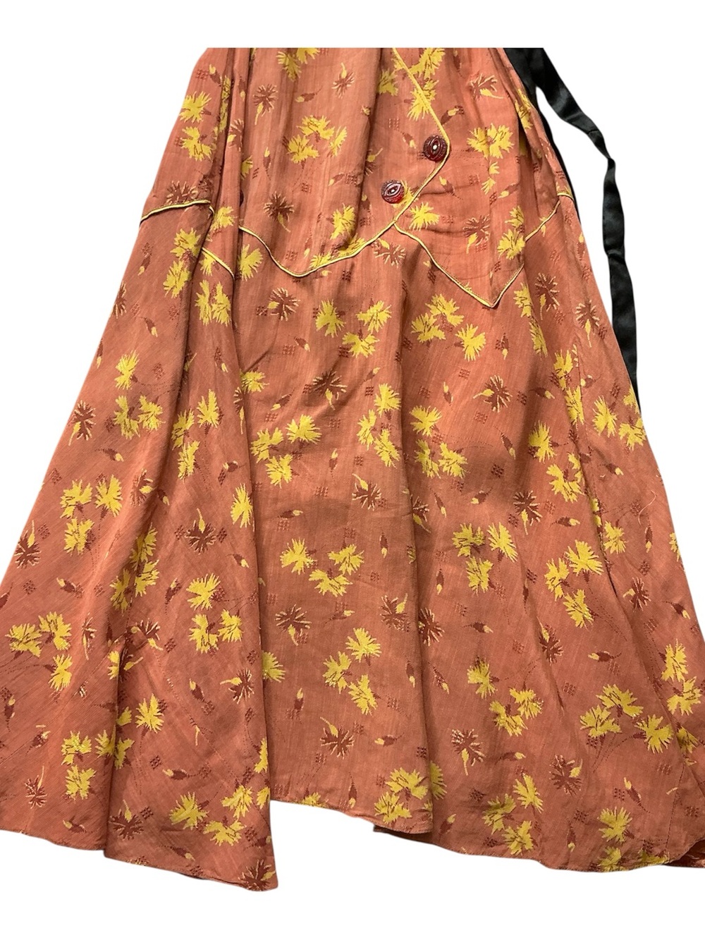 Vintage 1930s/ 40s rust orange floral print lace trim collar belted day dress - Picture 4 of 11
